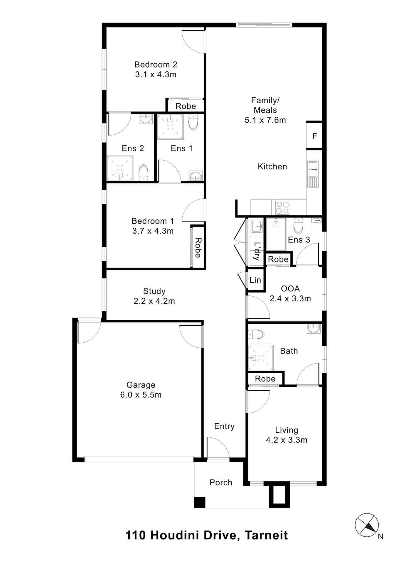 Floorplan of 110 Houdini Drive, showing the room layout.