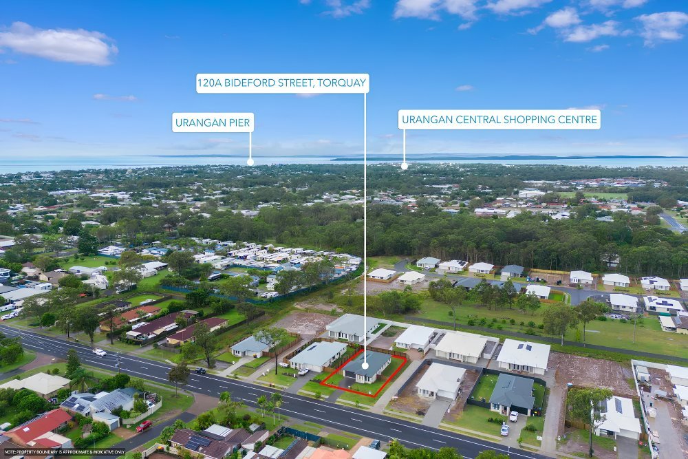 An aerial view towards Hervey Bay, with Urangan Pier and Urangan Central Shopping Centre marked.