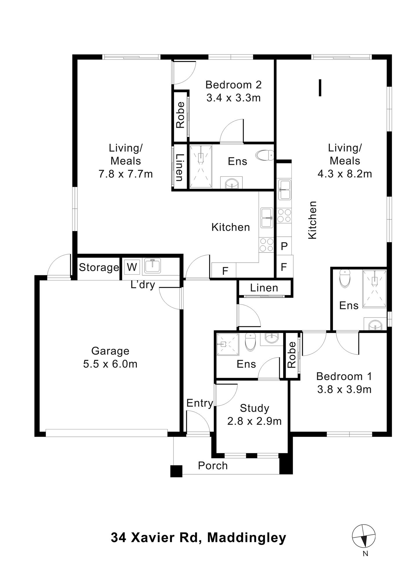 Floorplan of 34 Xavier Road, showing the room layout.