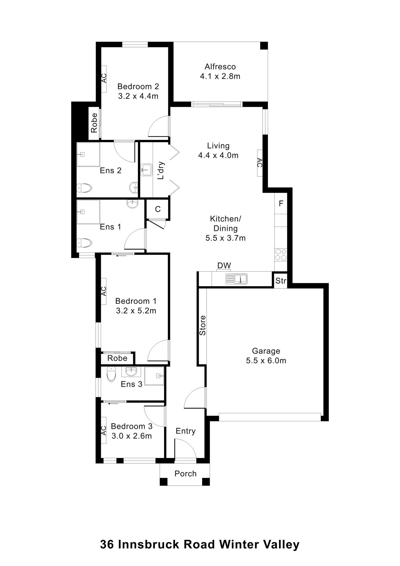Floorplan of 36 Innsbruck Road, showing the room layout.